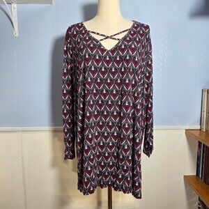 Cato 26/28 Pinky Maroon Black Print Criss Cross Longsleeve Casual Top
